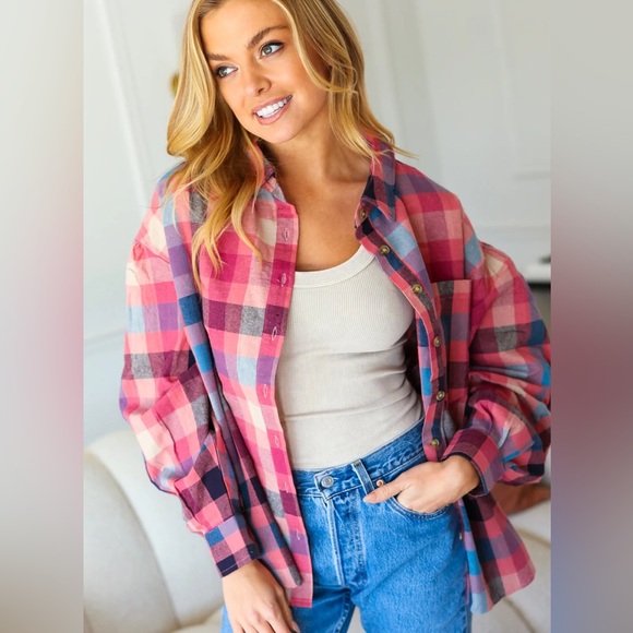 Oversized Button Down Mauve Washed Lightweight Plaid Top, Puff Shoulder, Small - Picture 6 of 11
